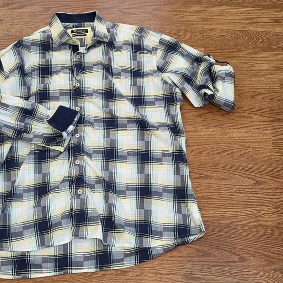 Maceoo Long Sleeve Button Down Shirt Mens L Yellow Italian Plaid Geometric Print - Picture 13 of 14